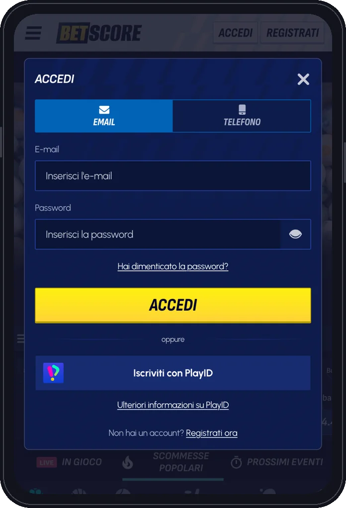 Schermata di login BetScore da mobile: accesso con e-mail o telefono e password